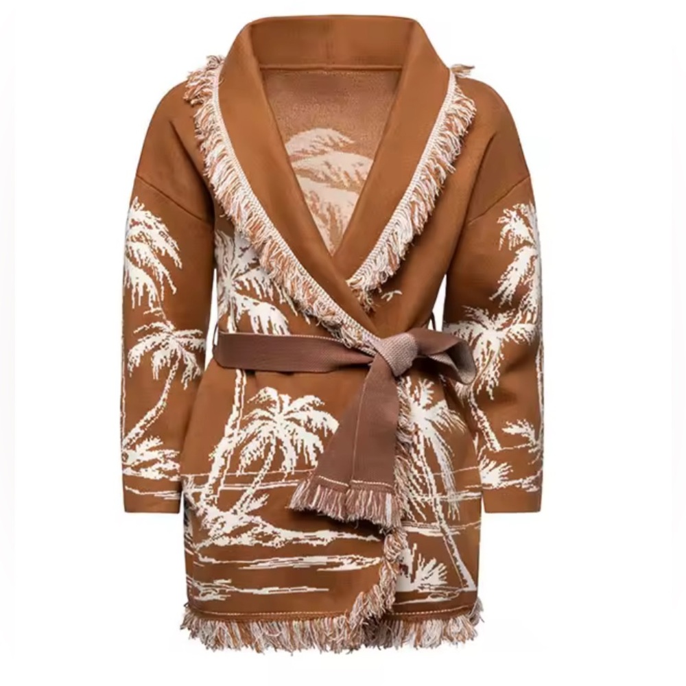 NWT $98 Tropicana Brown and Cream Fringe Cardigan